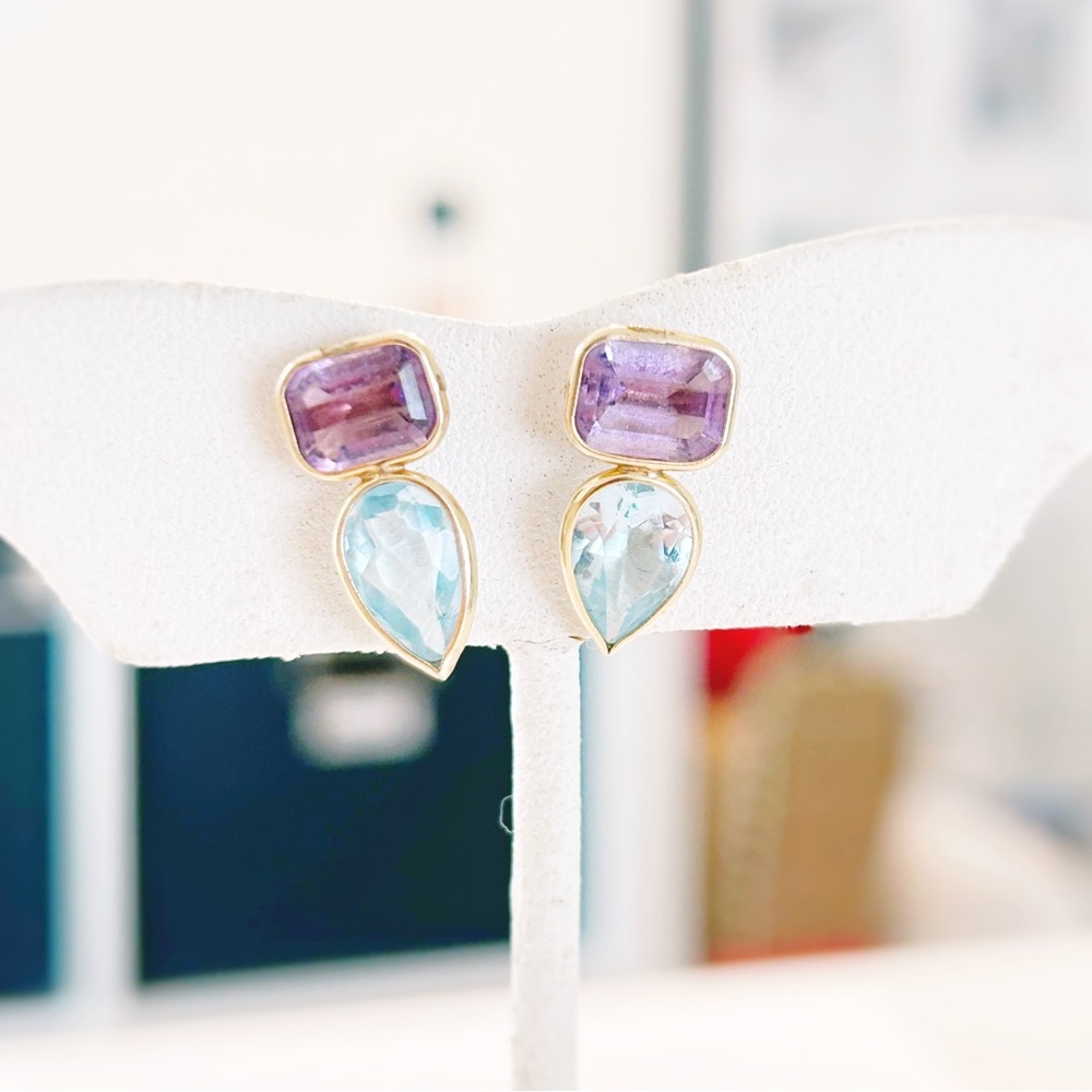MR 14K Yellow Gold Purple Amethyst Blue Topaz Modern Earrings 2.34G